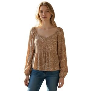 Japra NEW Smocked Peplum Top Leopard Print Long Sleeve‎ Square Neck Women's M